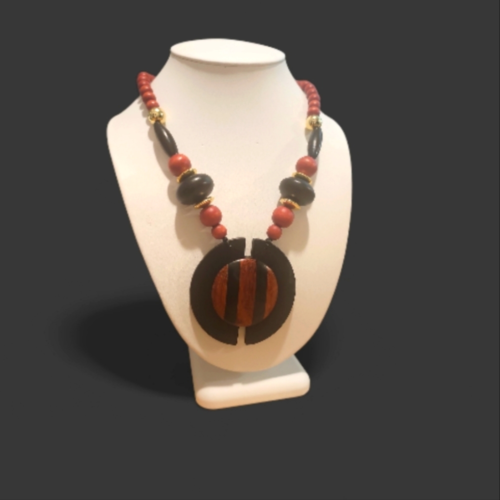 Vintage Beaded Wooden Statement Necklace.